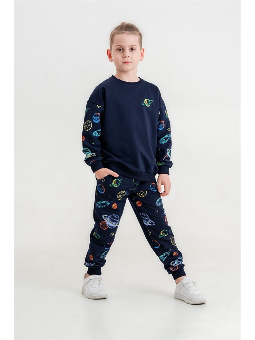 Lacivert Bisiklet Yaka Erkek Çocuk Sweatshirt Ve Eşofman Alt 2'li Takım-1