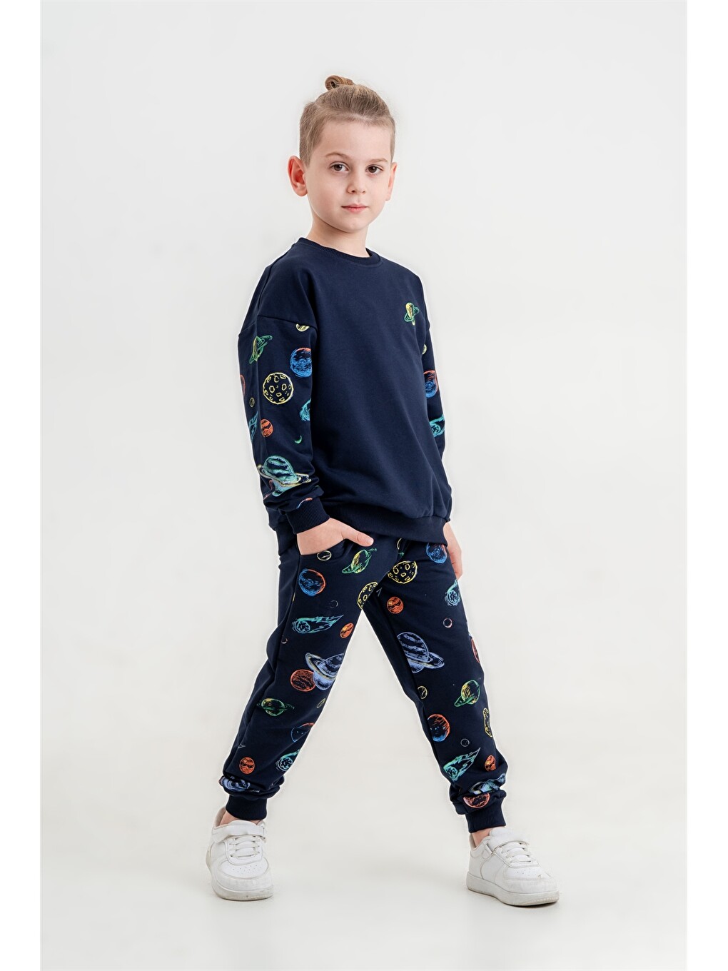 Lacivert Bisiklet Yaka Erkek Çocuk Sweatshirt Ve Eşofman Alt 2'li Takım-2