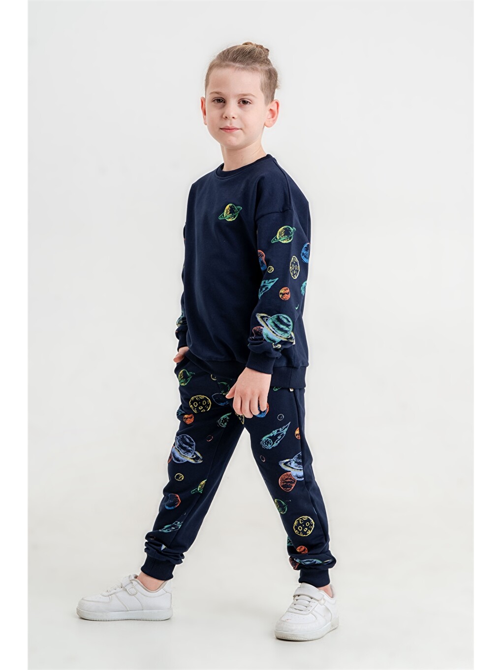 Lacivert Bisiklet Yaka Erkek Çocuk Sweatshirt Ve Eşofman Alt 2'li Takım-3
