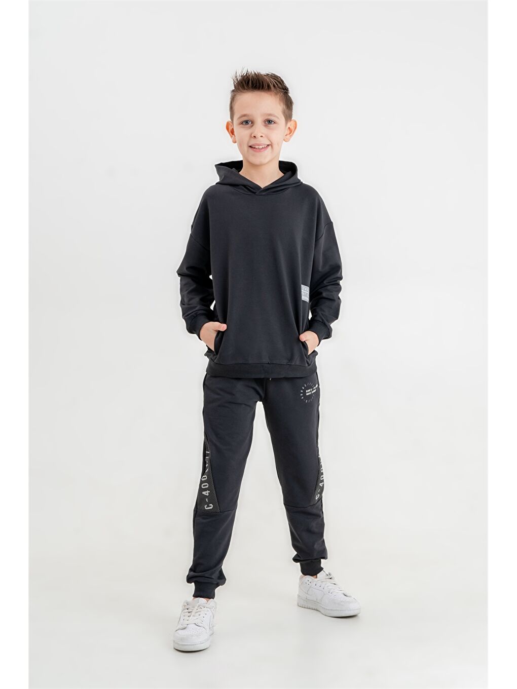 Gri Baskılı Uzun Kollu Erkek Çocuk Hoodie ve Eşofman Altı