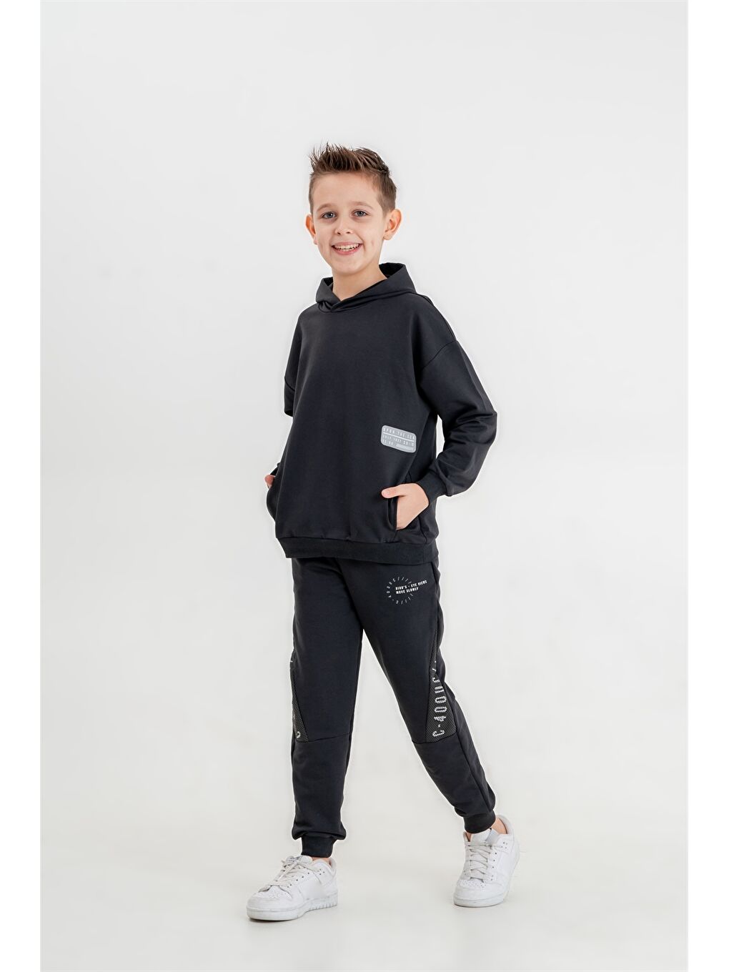 Gri Baskılı Uzun Kollu Erkek Çocuk Hoodie ve Eşofman Altı-2