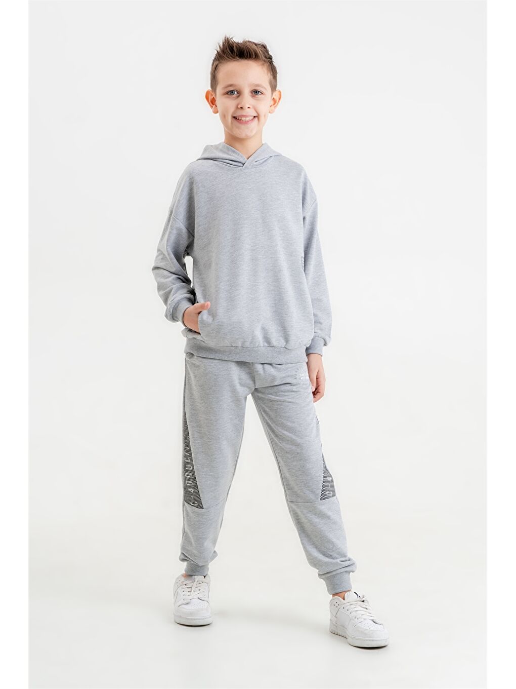 Gri Baskılı Uzun Kollu Erkek Çocuk Hoodie ve Eşofman Altı