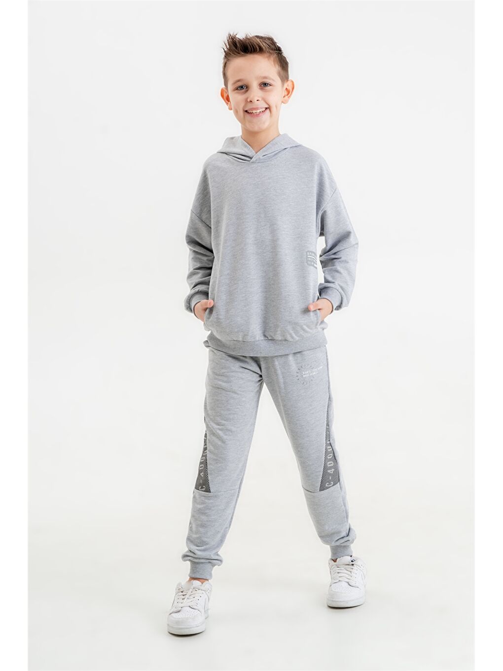 Gri Baskılı Uzun Kollu Erkek Çocuk Hoodie ve Eşofman Altı-1