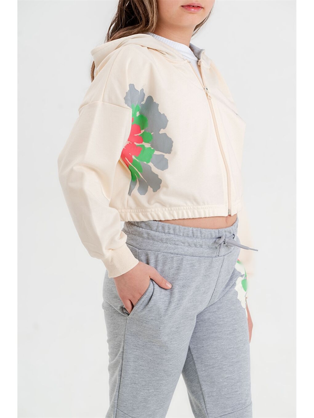 Gri Baskılı Uzun Kollu Kız Çocuk Hoodie ve Eşofman Altı