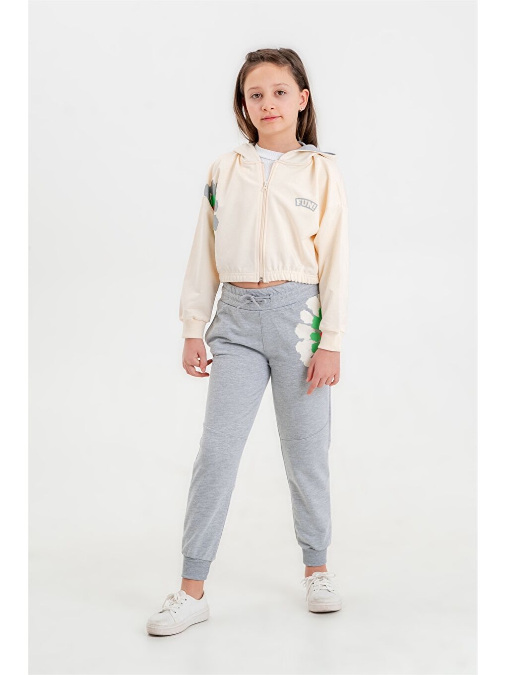 Gri Baskılı Uzun Kollu Kız Çocuk Hoodie ve Eşofman Altı-3
