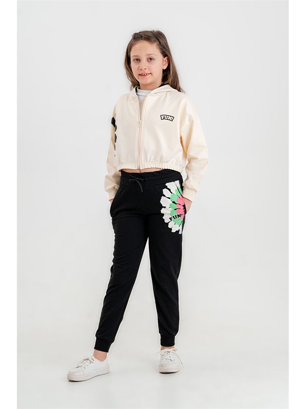 Siyah Baskılı Uzun Kollu Kız Çocuk Hoodie ve Eşofman Altı-1