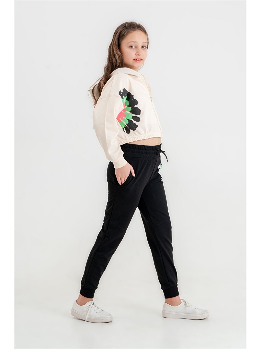 Siyah Baskılı Uzun Kollu Kız Çocuk Hoodie ve Eşofman Altı-3