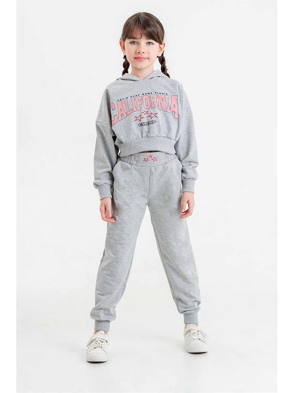 Gri Baskılı Uzun Kollu Kız Çocuk Hoodie ve Eşofman Altı