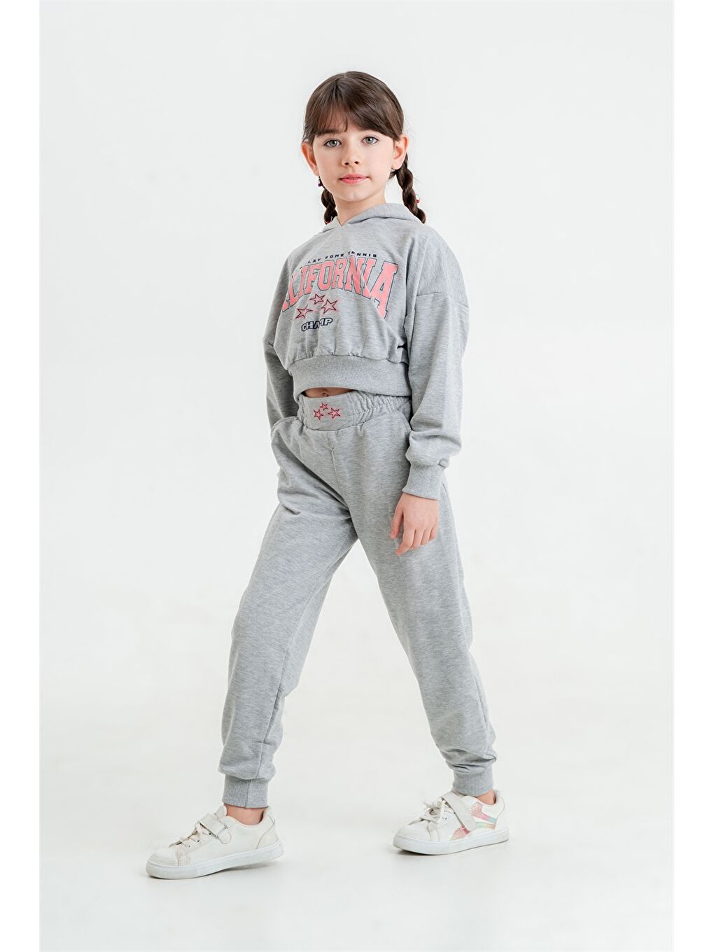 Gri Baskılı Uzun Kollu Kız Çocuk Hoodie ve Eşofman Altı-1