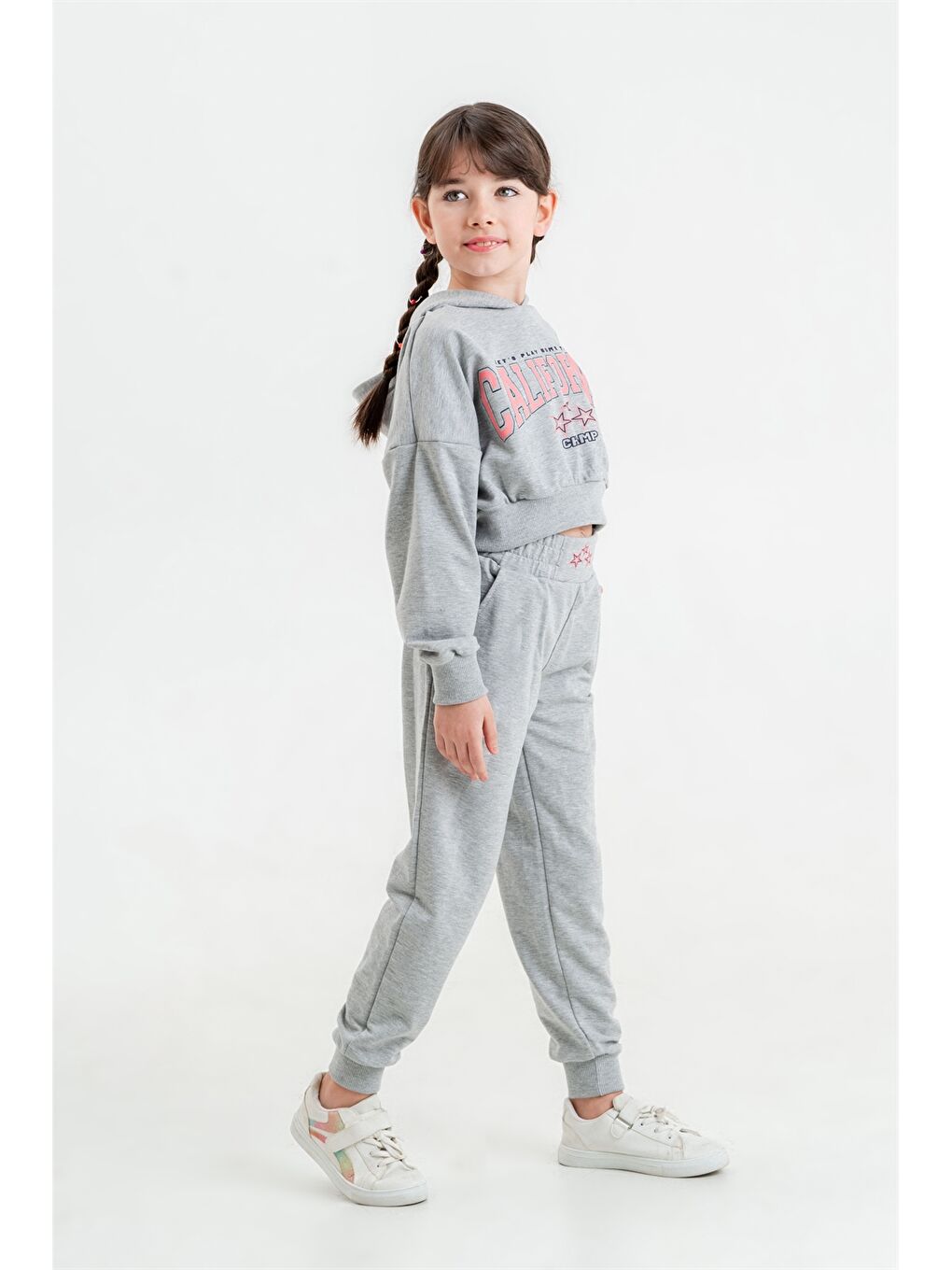 Gri Baskılı Uzun Kollu Kız Çocuk Hoodie ve Eşofman Altı-2