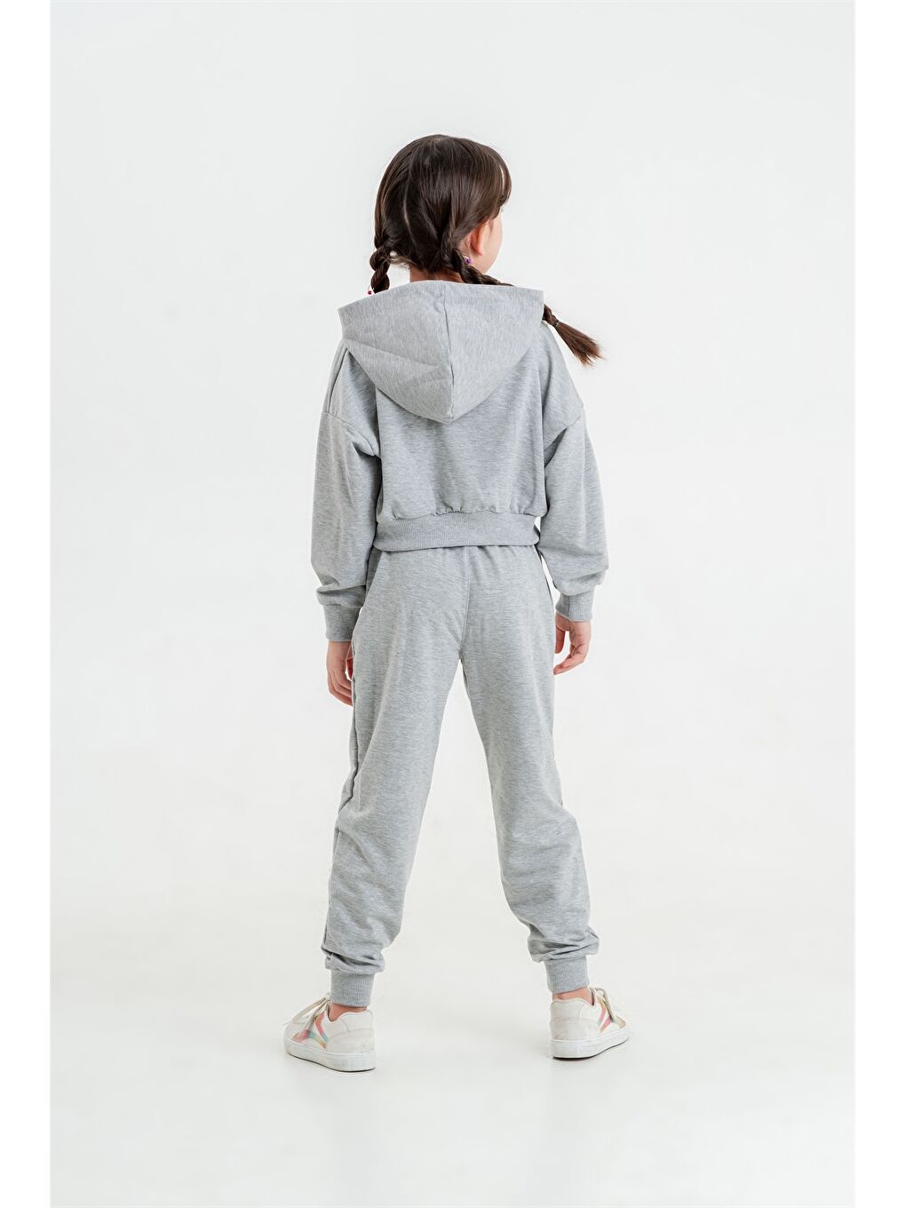 Gri Baskılı Uzun Kollu Kız Çocuk Hoodie ve Eşofman Altı-3