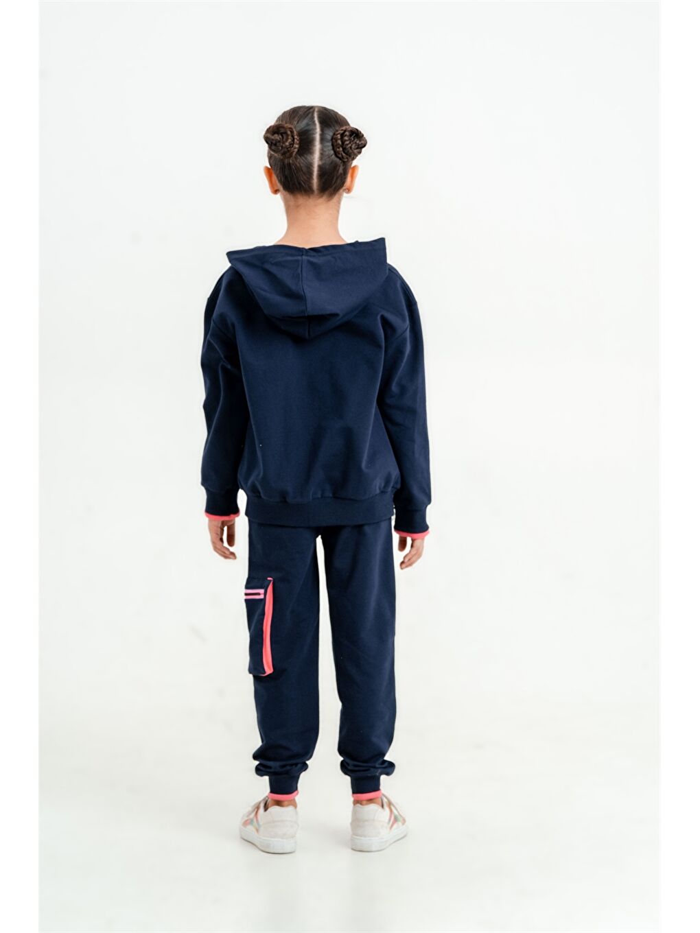 Lacivert Kapüşonlu Baskılı Uzun Kollu Kız Çocuk Fermuarlı Sweatshirt ve Eşofman Altı-3