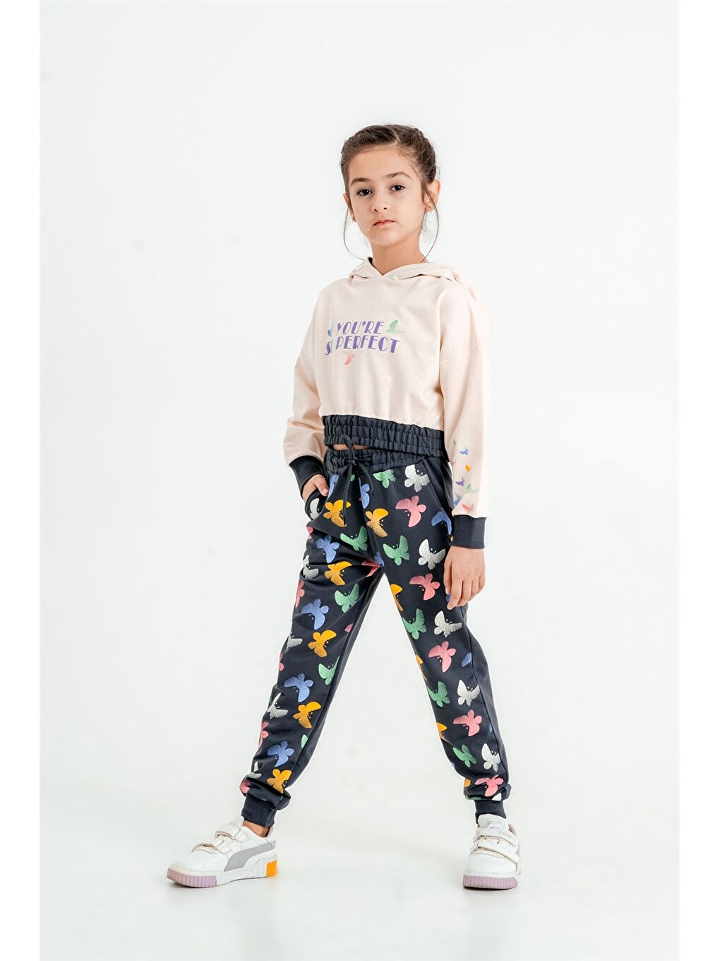 Gri Baskılı Uzun Kollu Kız Çocuk Hoodie ve Eşofman Altı