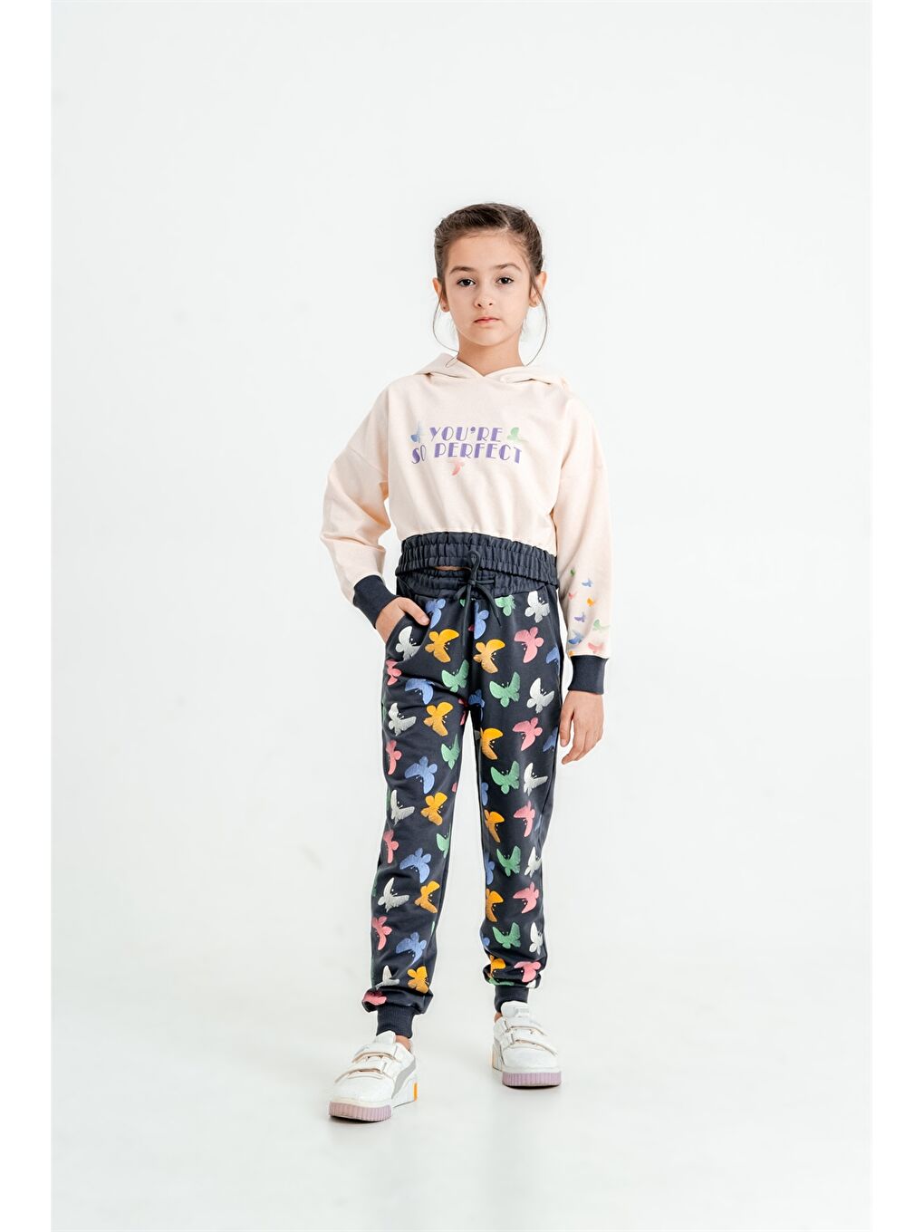 Gri Baskılı Uzun Kollu Kız Çocuk Hoodie ve Eşofman Altı-2