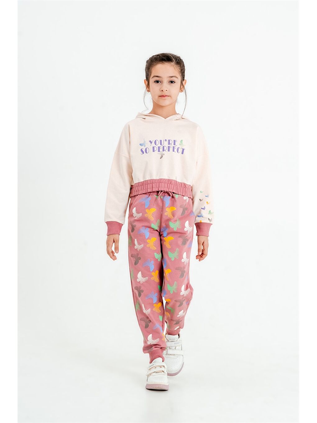 Pembe Baskılı Uzun Kollu Kız Çocuk Hoodie ve Eşofman Altı