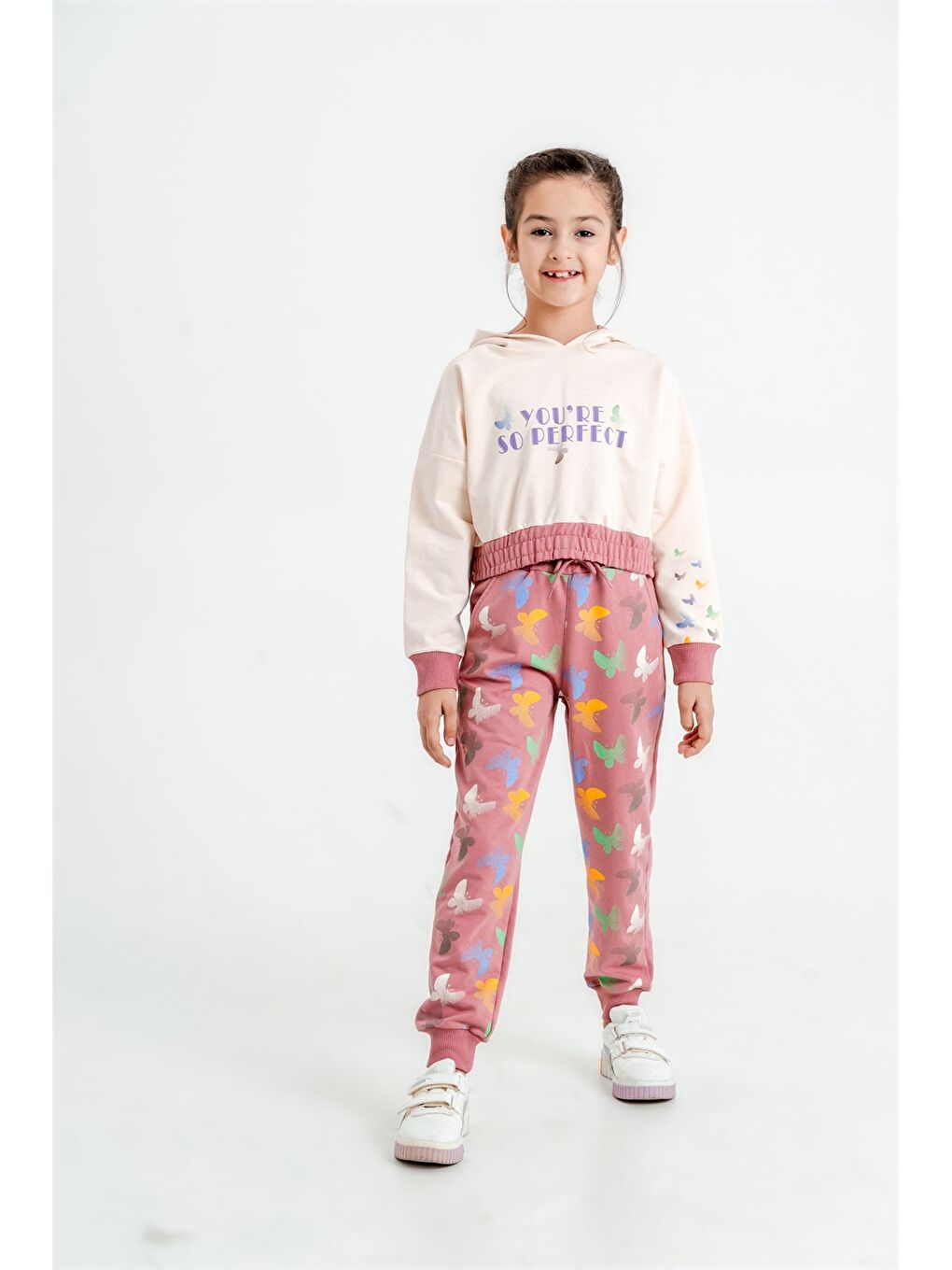 Pembe Baskılı Uzun Kollu Kız Çocuk Hoodie ve Eşofman Altı-1