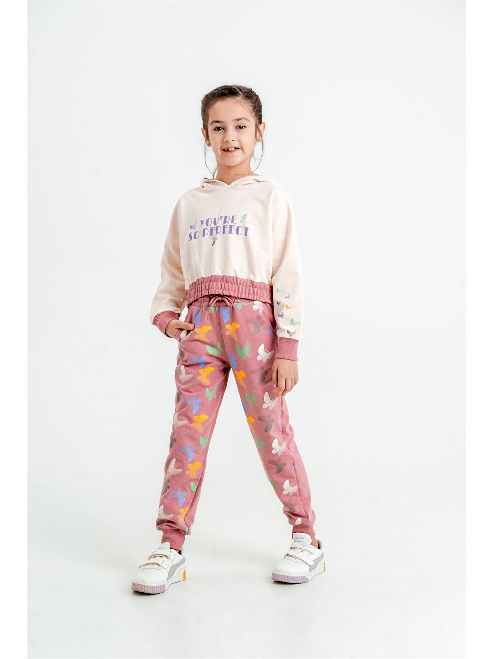 Pembe Baskılı Uzun Kollu Kız Çocuk Hoodie ve Eşofman Altı-3