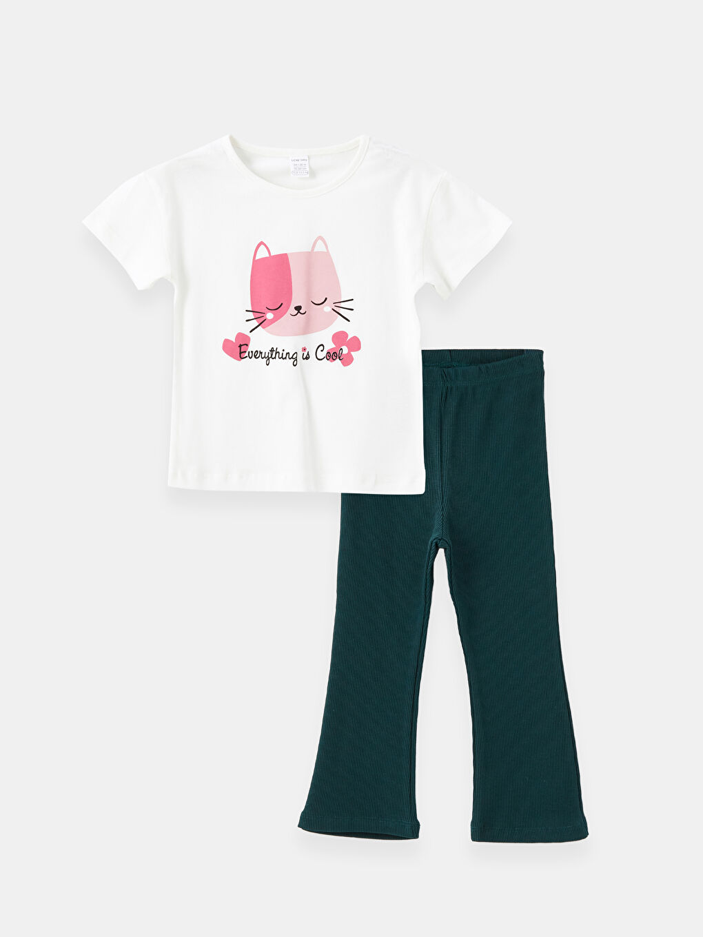 Beyaz Bisiklet Yaka Kısa Kollu Baskılı Kız Bebek Tişört ve Tayt Pantolon 2'li Takım