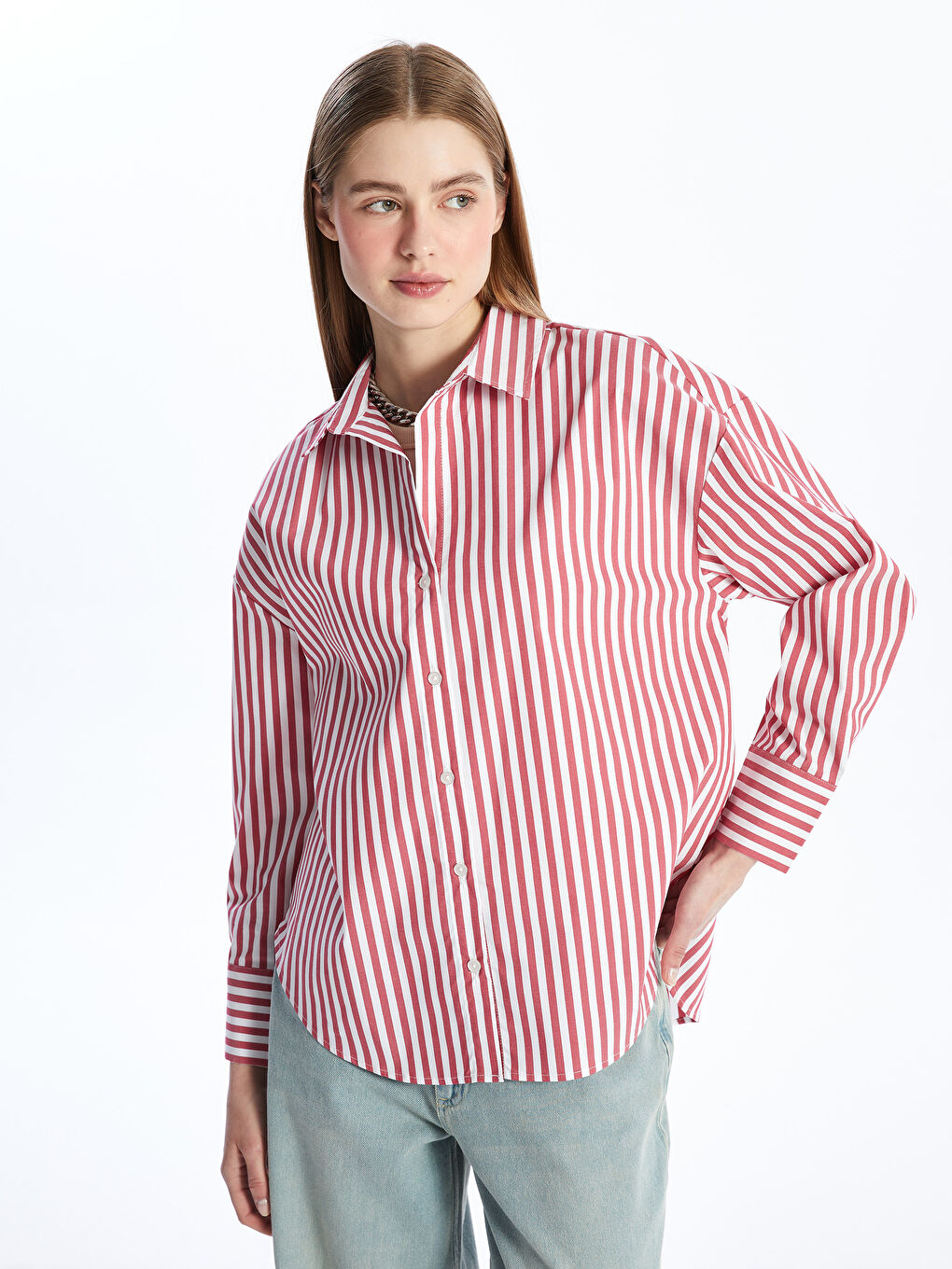 Striped Long Sleeve Oversize Women's Shirt -S4KM85Z8-LJE