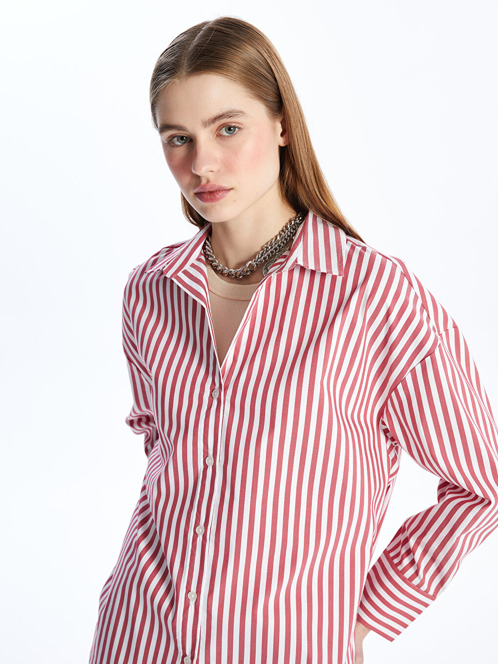 Striped Long Sleeve Oversize Women's Shirt -S4KM85Z8-LJE