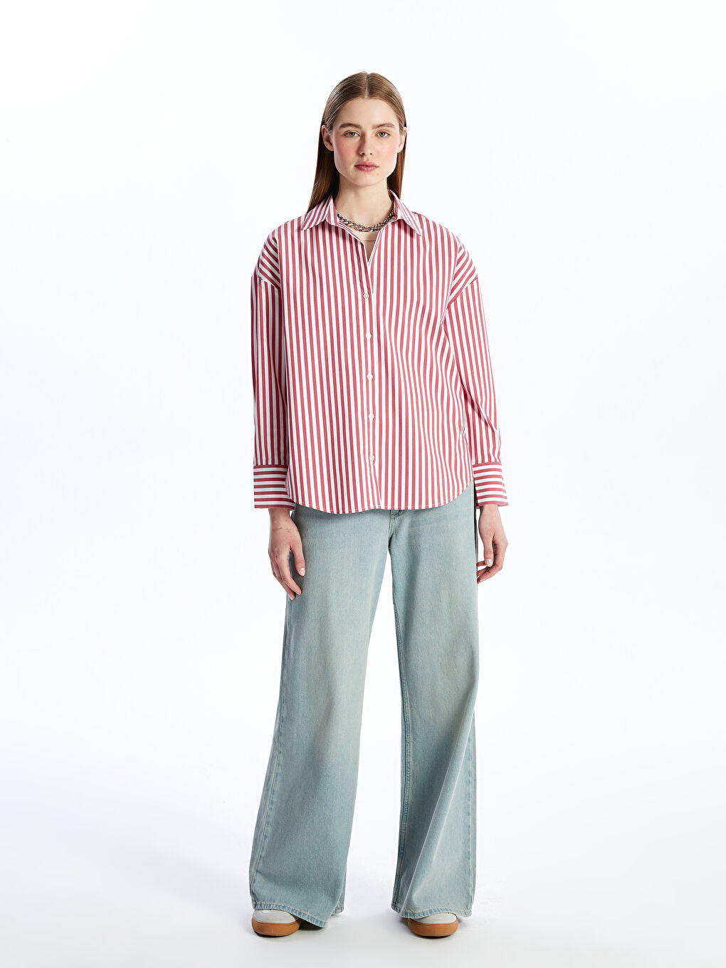 Striped Long Sleeve Oversize Women's Shirt -S4KM85Z8-LJE