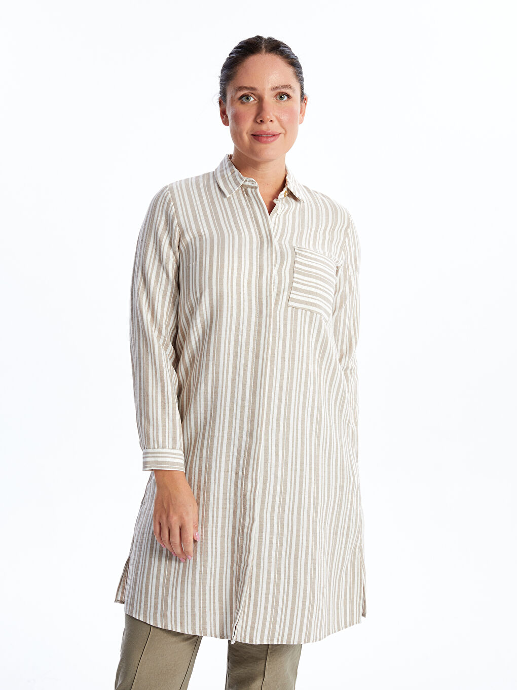 Bej Çizgili Keten Görünümlü Kadın Gömlek Tunik
