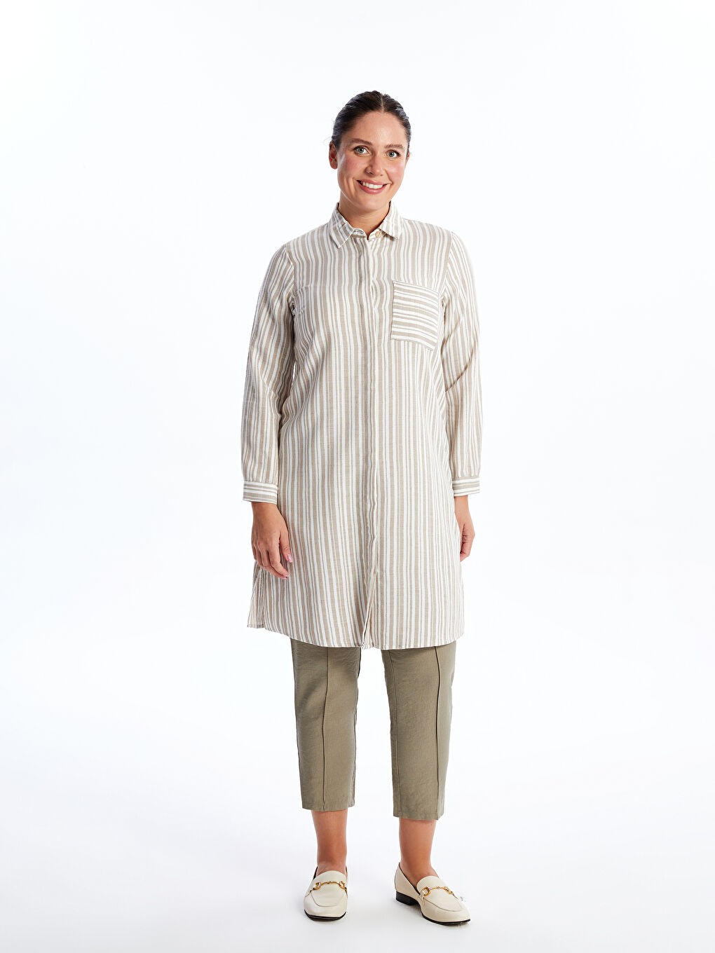 Bej Çizgili Keten Görünümlü Kadın Gömlek Tunik-1
