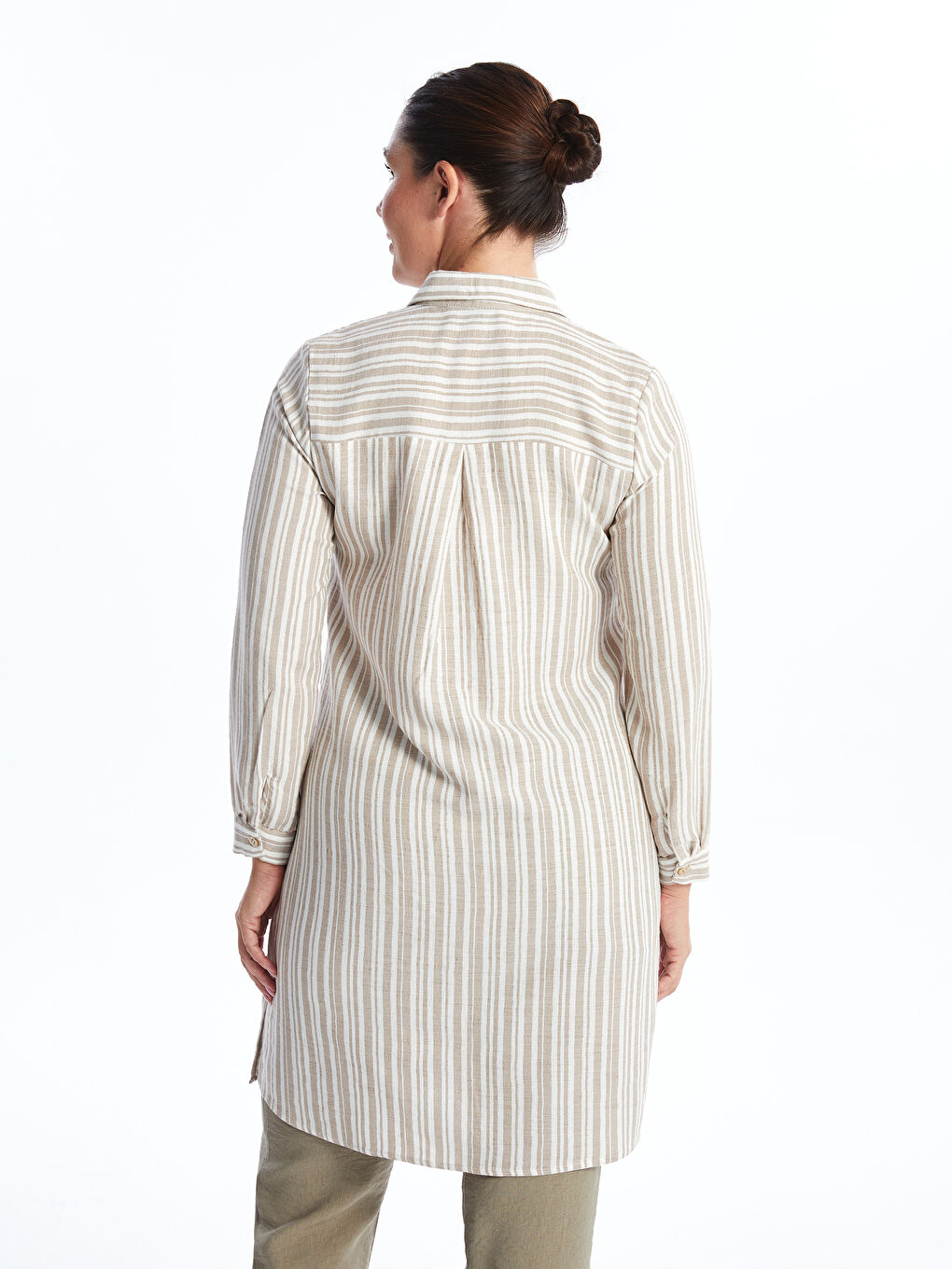 Bej Çizgili Keten Görünümlü Kadın Gömlek Tunik-3