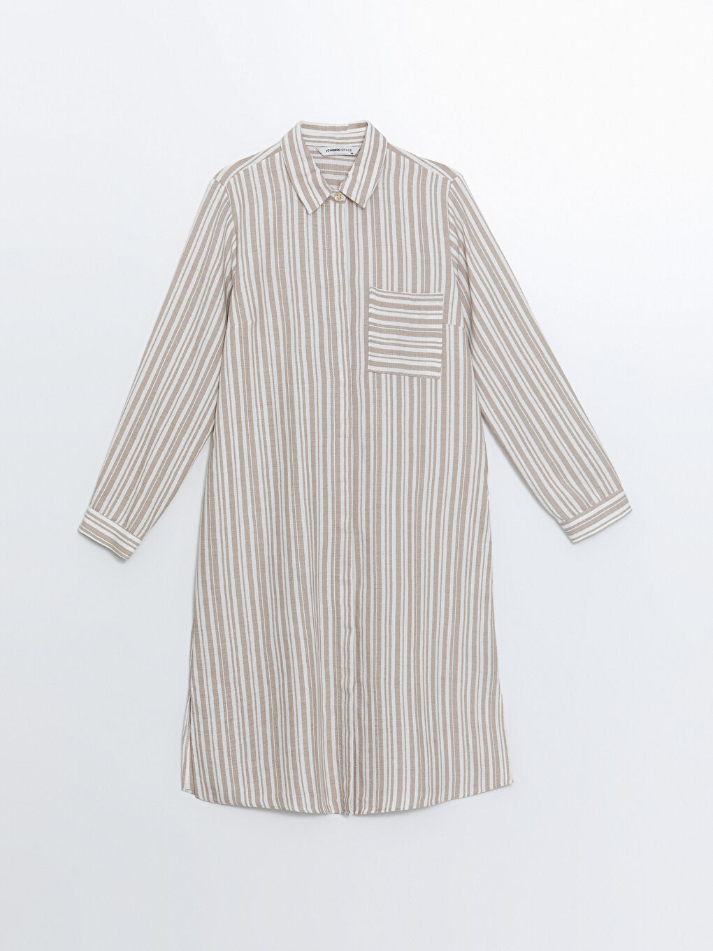 Bej Çizgili Keten Görünümlü Kadın Gömlek Tunik-4