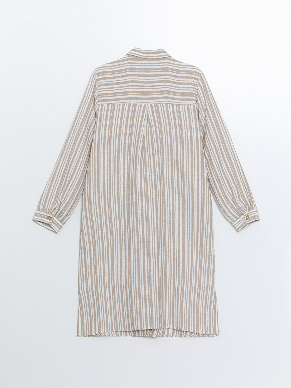 Bej Çizgili Keten Görünümlü Kadın Gömlek Tunik-5