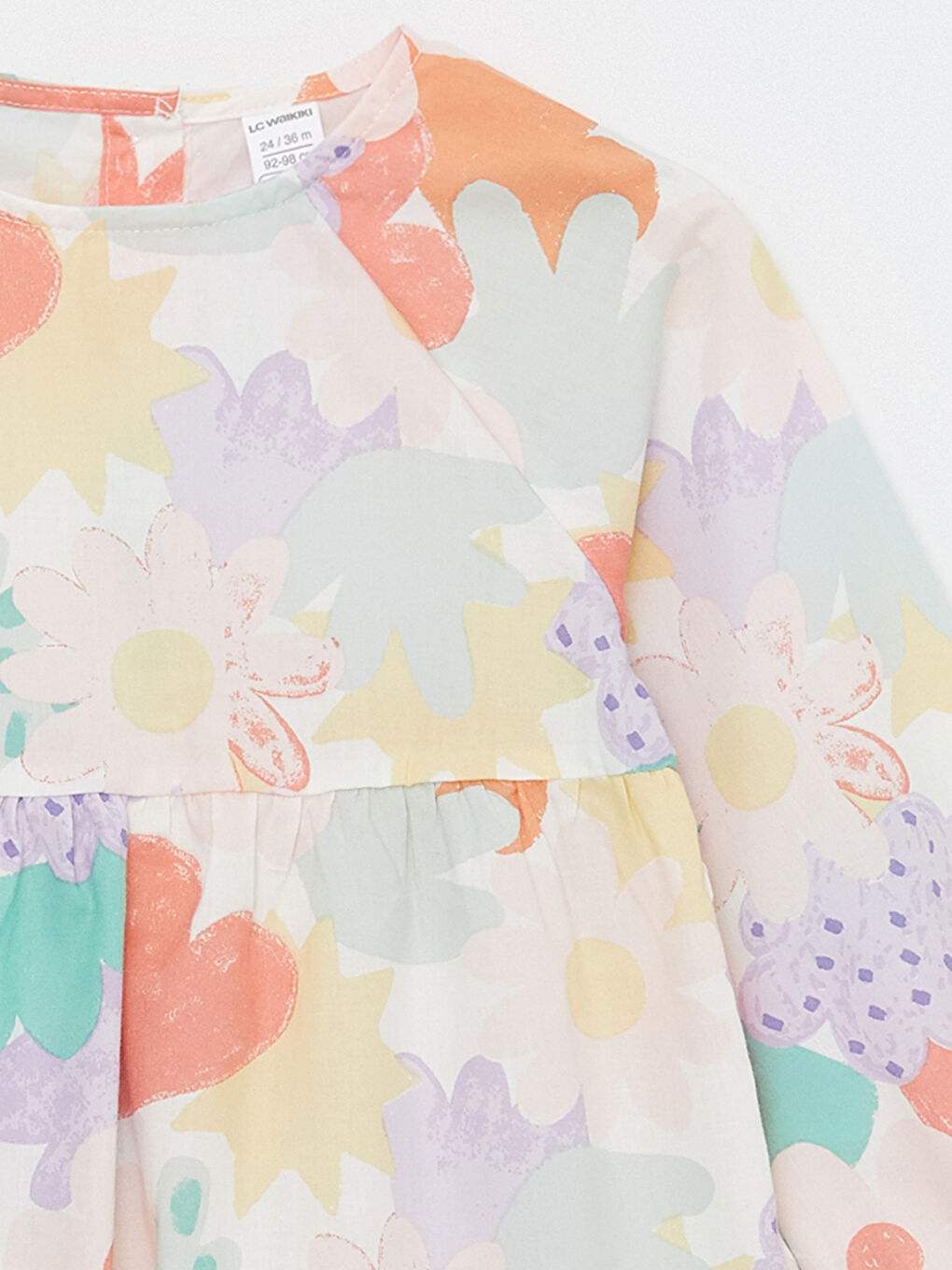 Ekru Bisiklet Yaka Uzun Kollu Çiçekli Kız Bebek Elbise-1