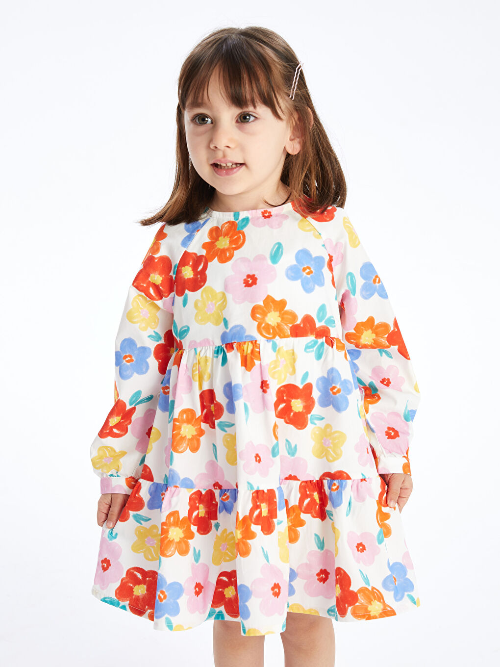 Ekru Bisiklet Yaka Uzun Kollu Çiçekli Kız Bebek Elbise-2