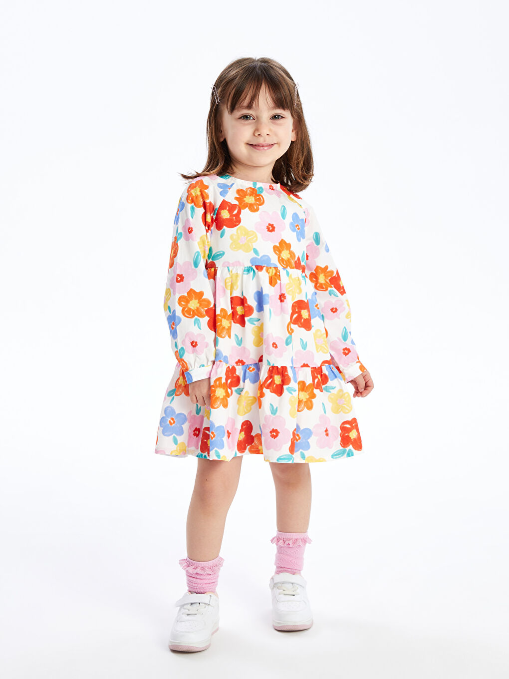 Ekru Bisiklet Yaka Uzun Kollu Çiçekli Kız Bebek Elbise