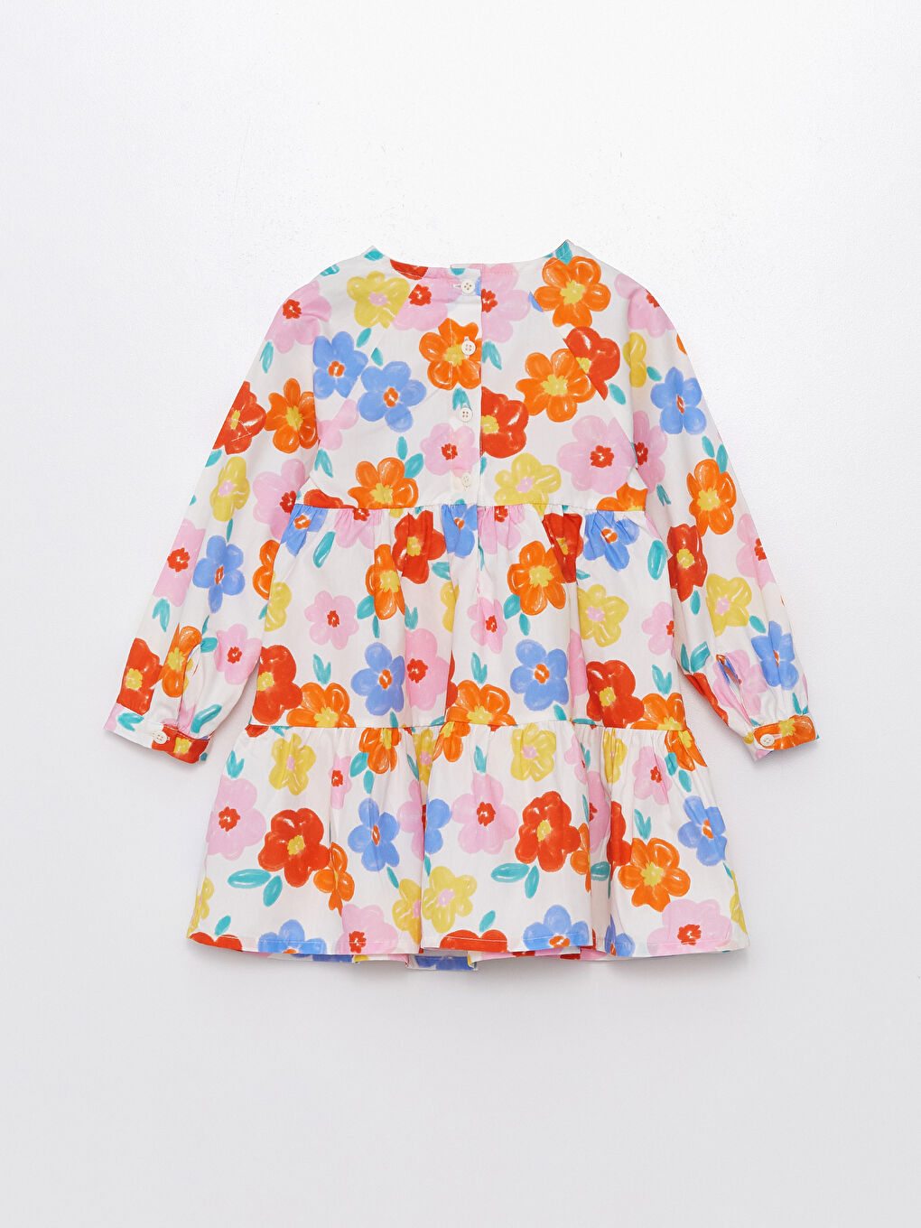 Ekru Bisiklet Yaka Uzun Kollu Çiçekli Kız Bebek Elbise-4