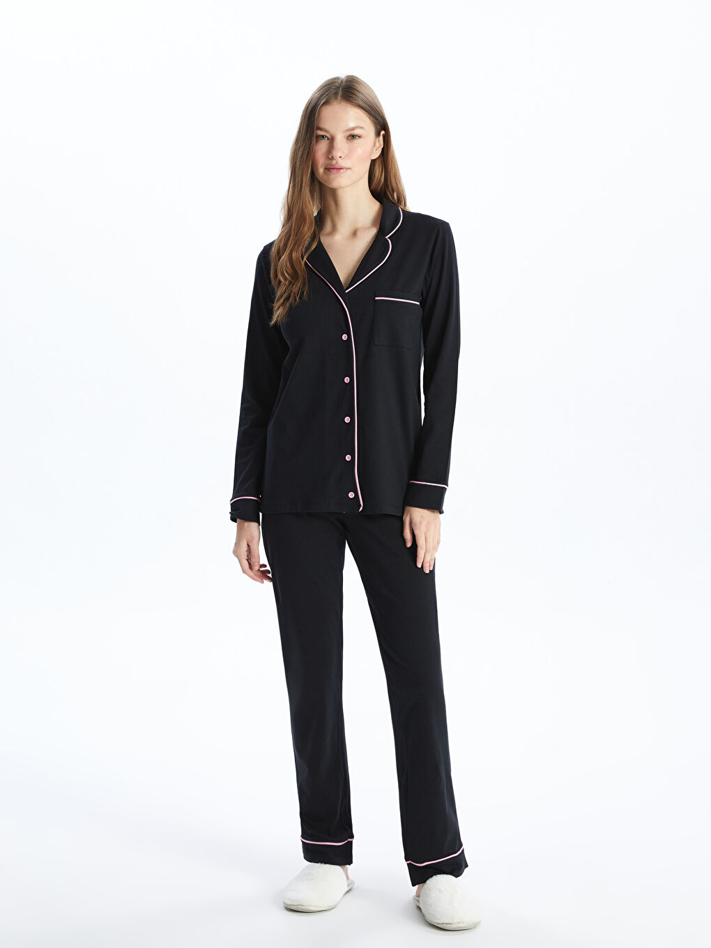 Shirt Neck Regular Long Sleeve Women's Pajama Set -S4KO10Z8-CVL