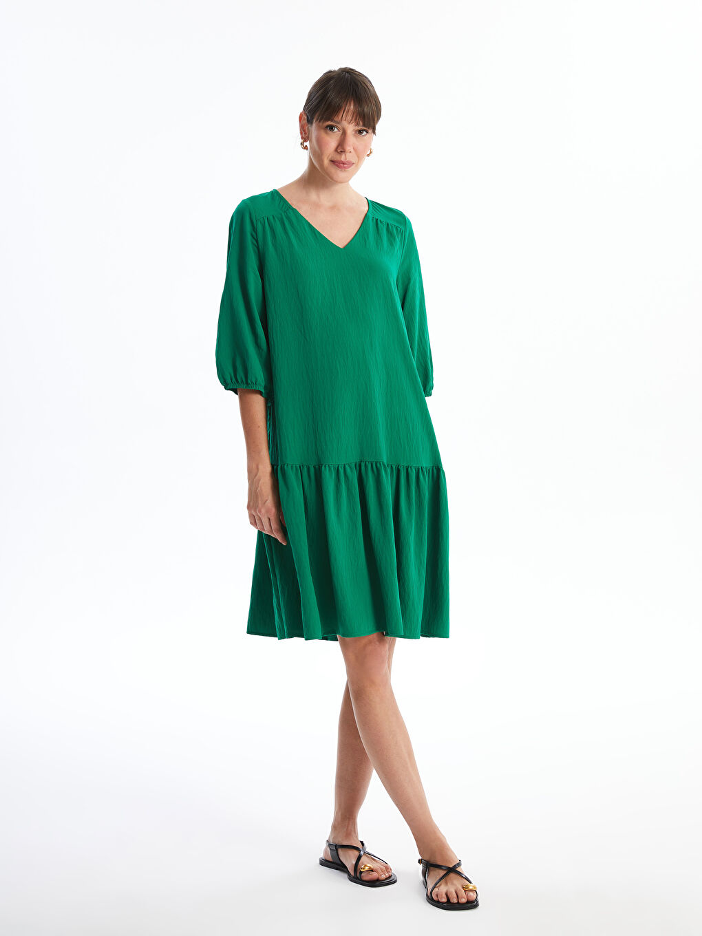 V-Neck Straight Balloon Sleeve Women's Dress -S4KO72Z8-YJG