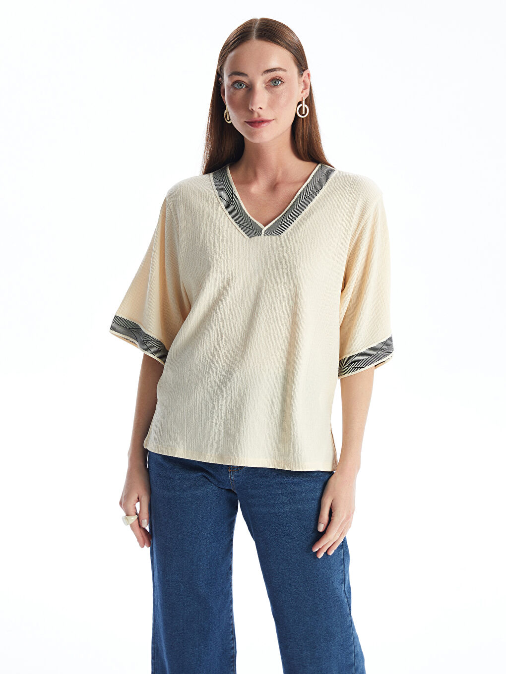 V Neck Stripe Detailed Oversize Women's Blouse -S4KO75Z8-FX0
