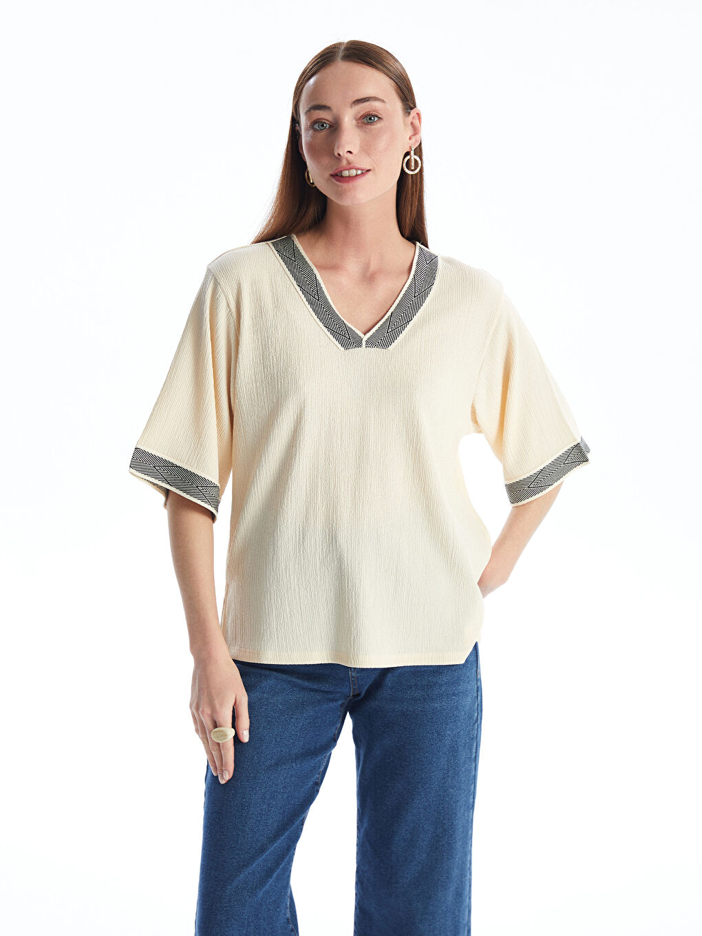 V Neck Stripe Detailed Oversize Women's Blouse -S4KO75Z8-FX0