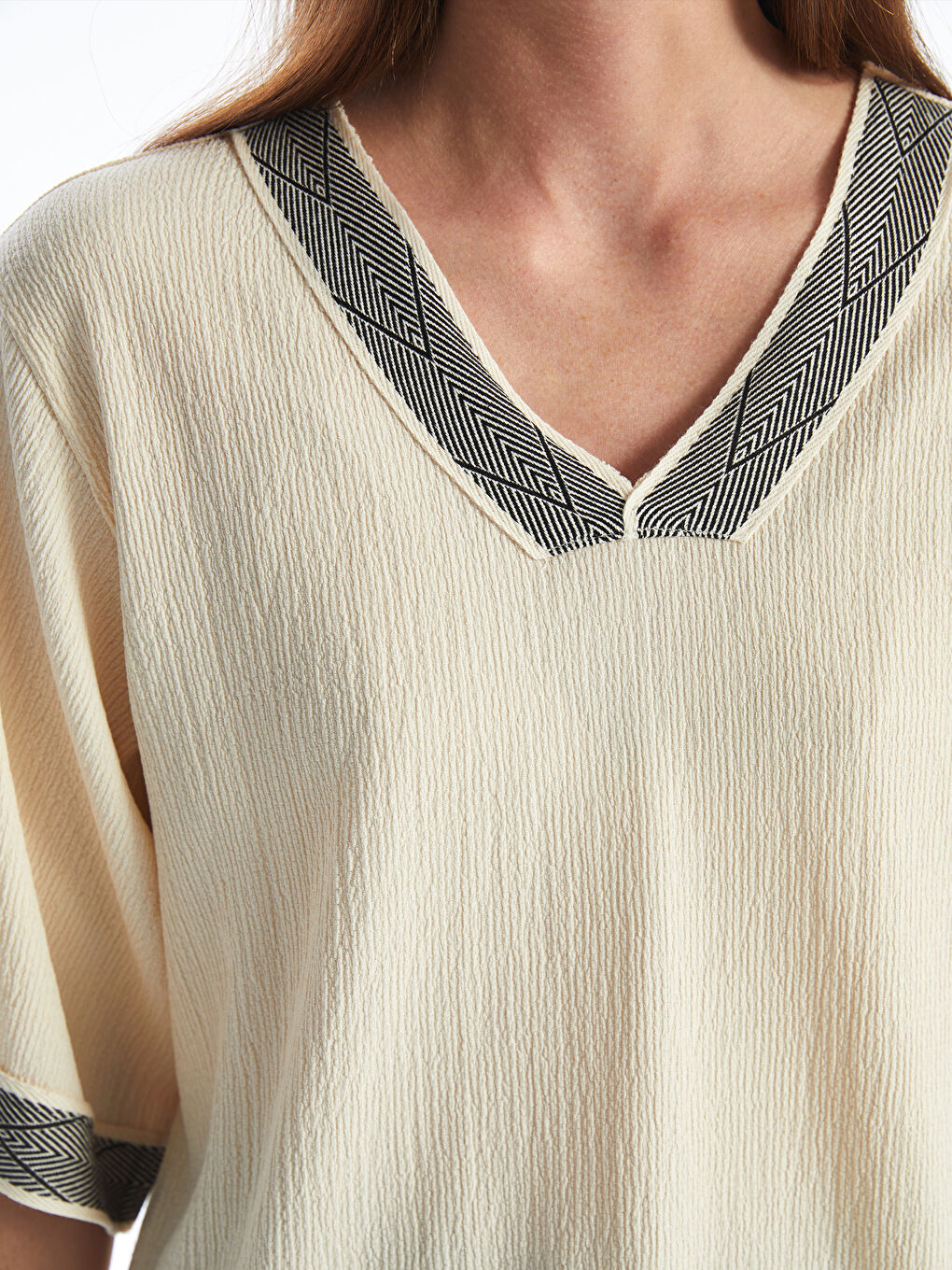 V Neck Stripe Detailed Oversize Women's Blouse -S4KO75Z8-FX0