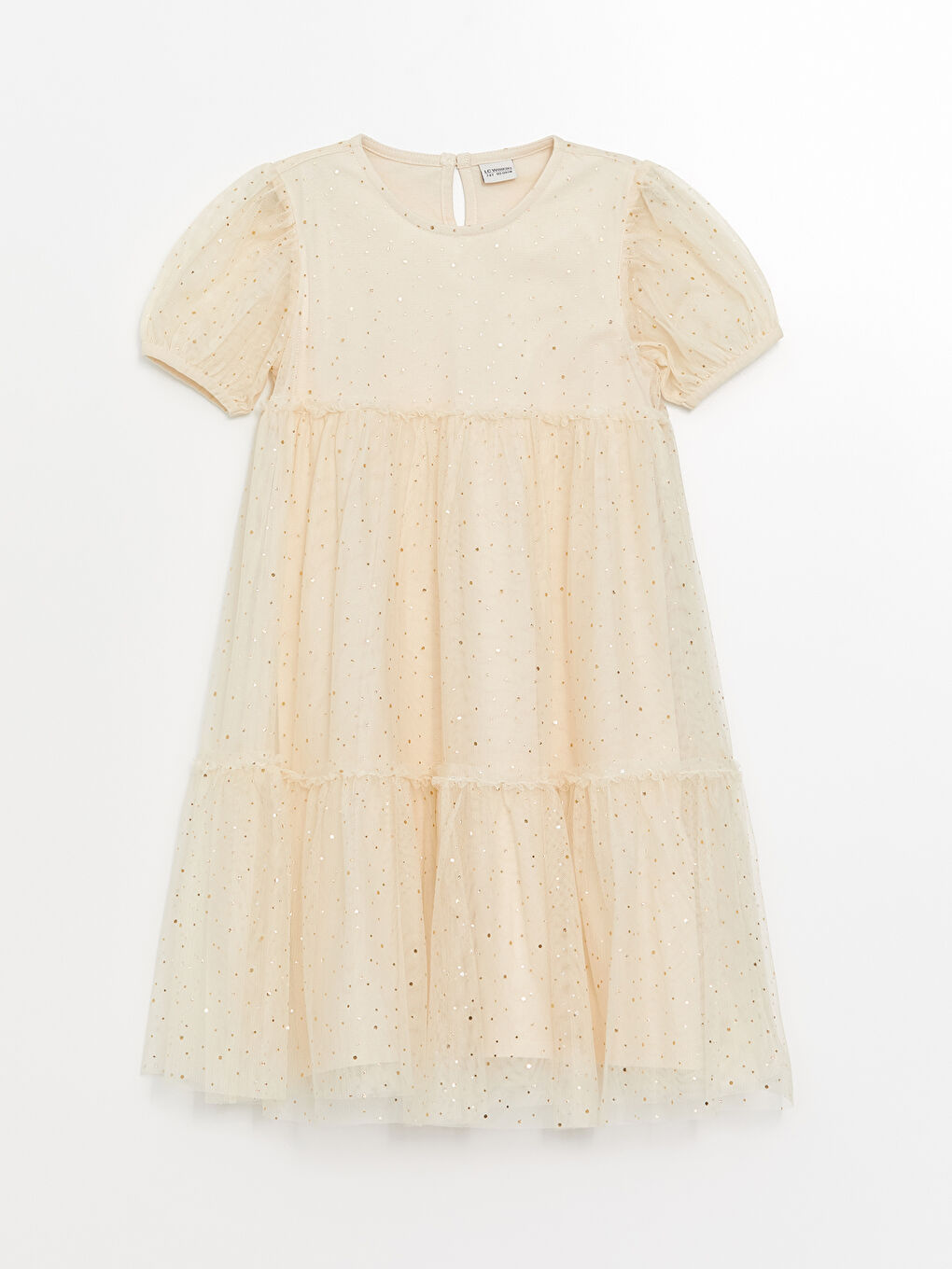 Ekru Bisiklet Yaka Işıltılı Kız Çocuk Elbise-4