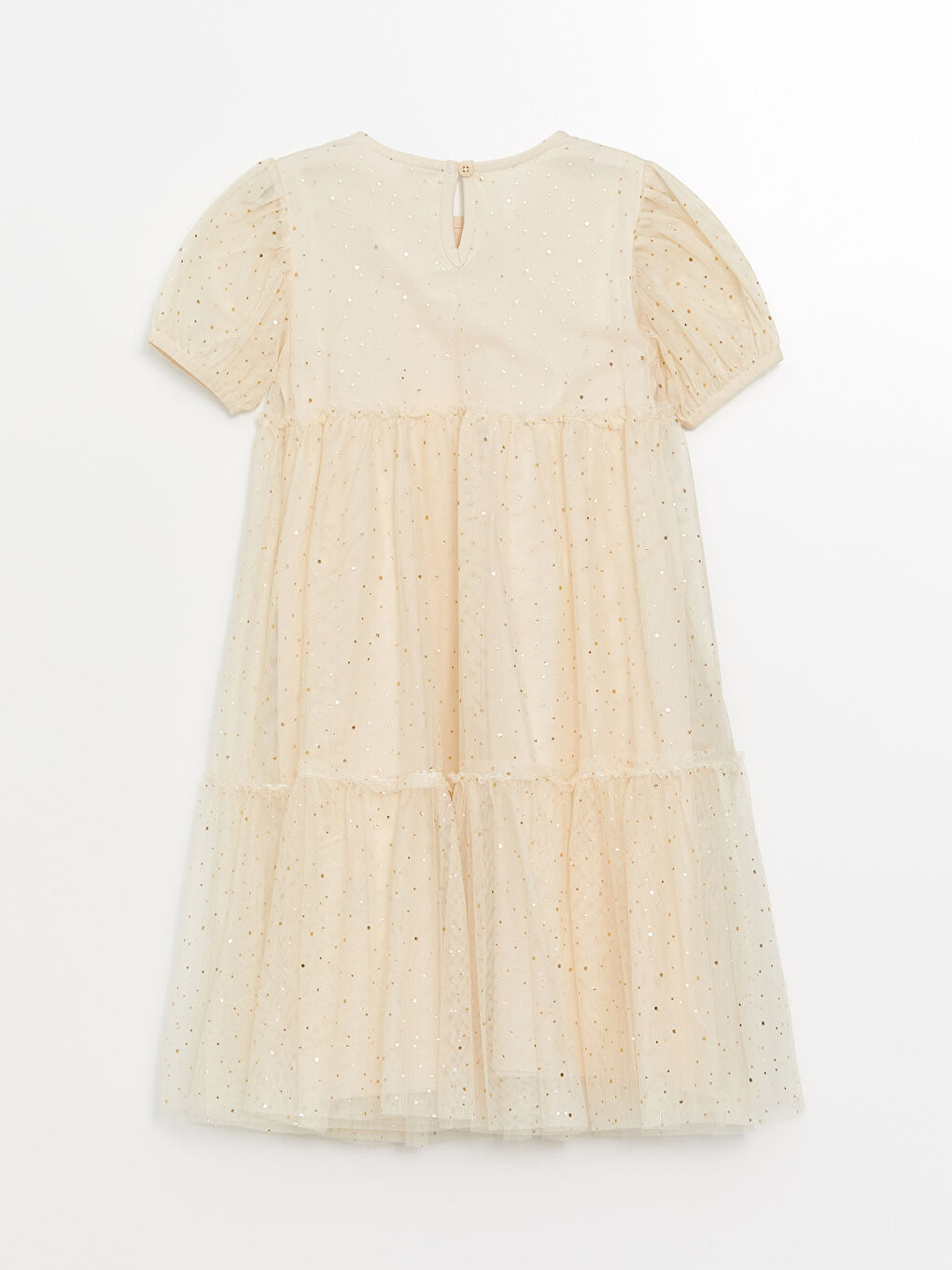 Ekru Bisiklet Yaka Işıltılı Kız Çocuk Elbise-5