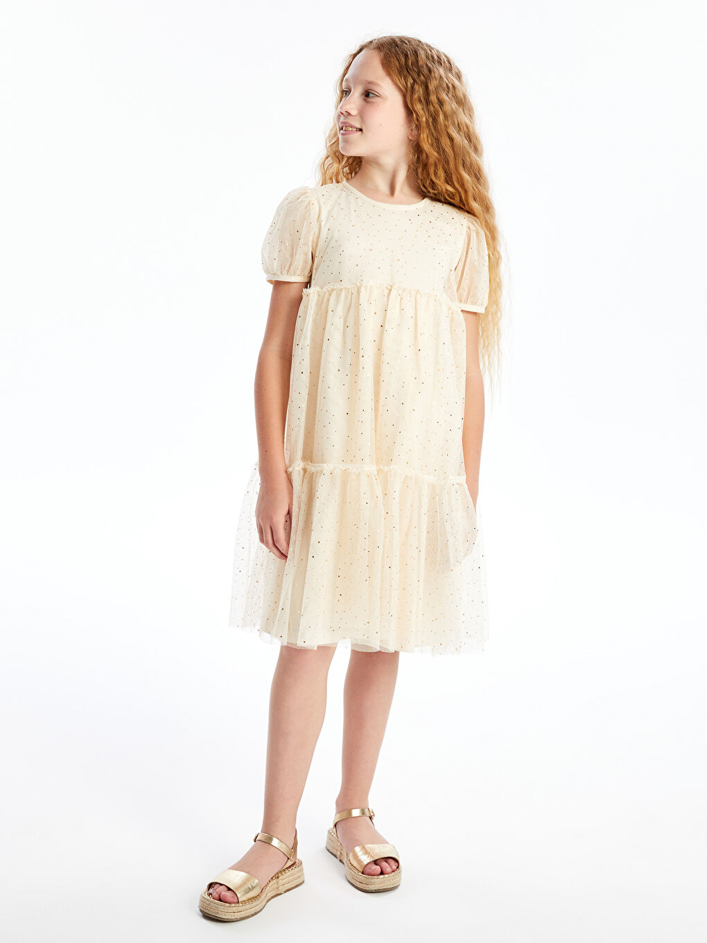 Ekru Bisiklet Yaka Işıltılı Kız Çocuk Elbise