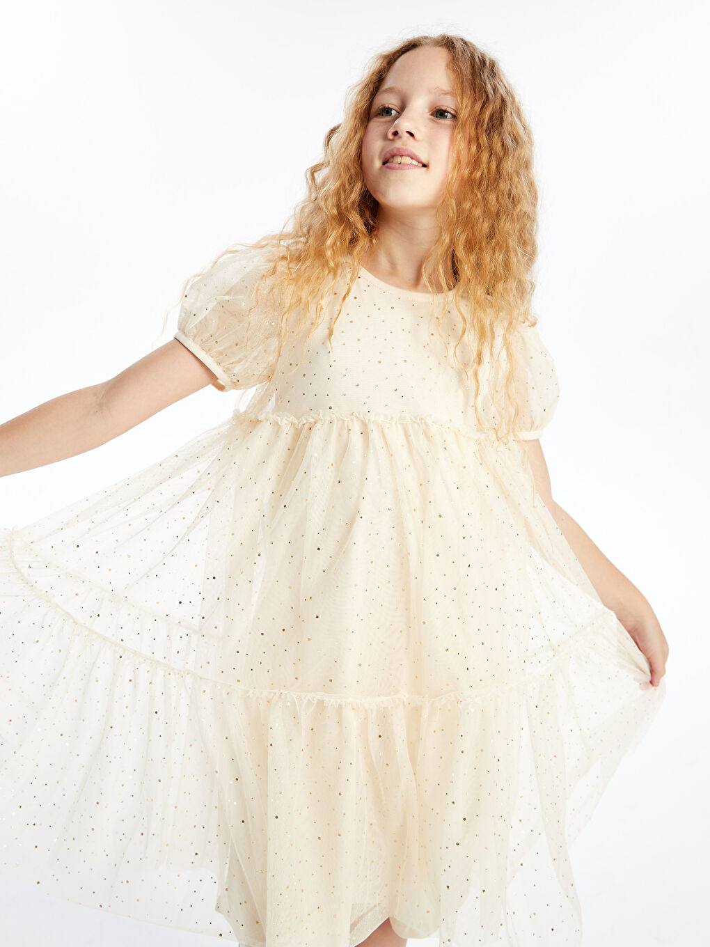 Ekru Bisiklet Yaka Işıltılı Kız Çocuk Elbise-1
