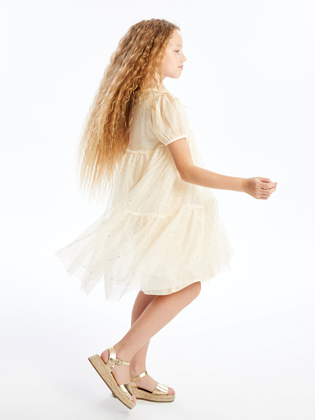 Ekru Bisiklet Yaka Işıltılı Kız Çocuk Elbise-3