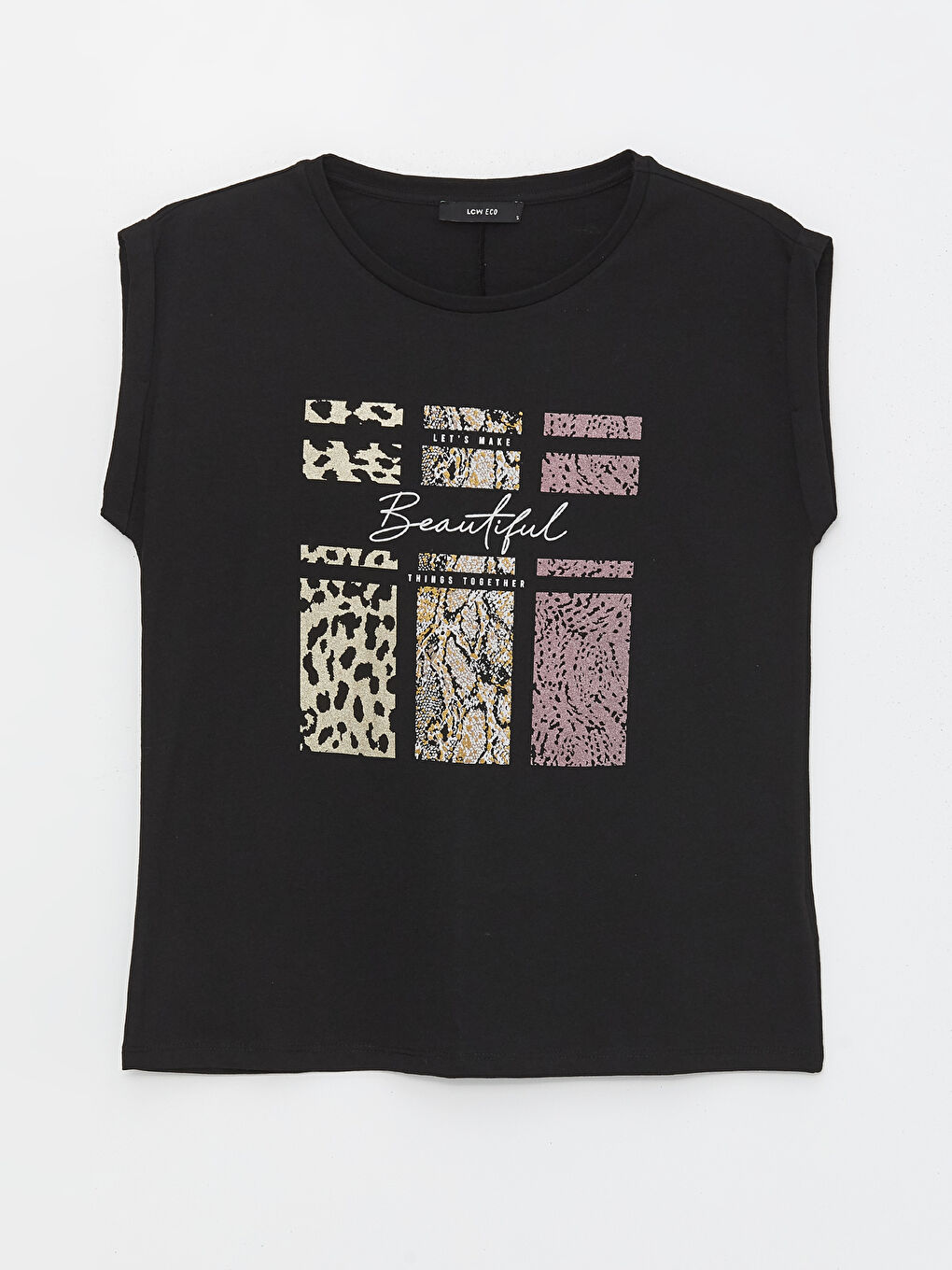 Siyah Bisiklet Yaka Baskılı Kısa Kollu Kadın Tişört-5