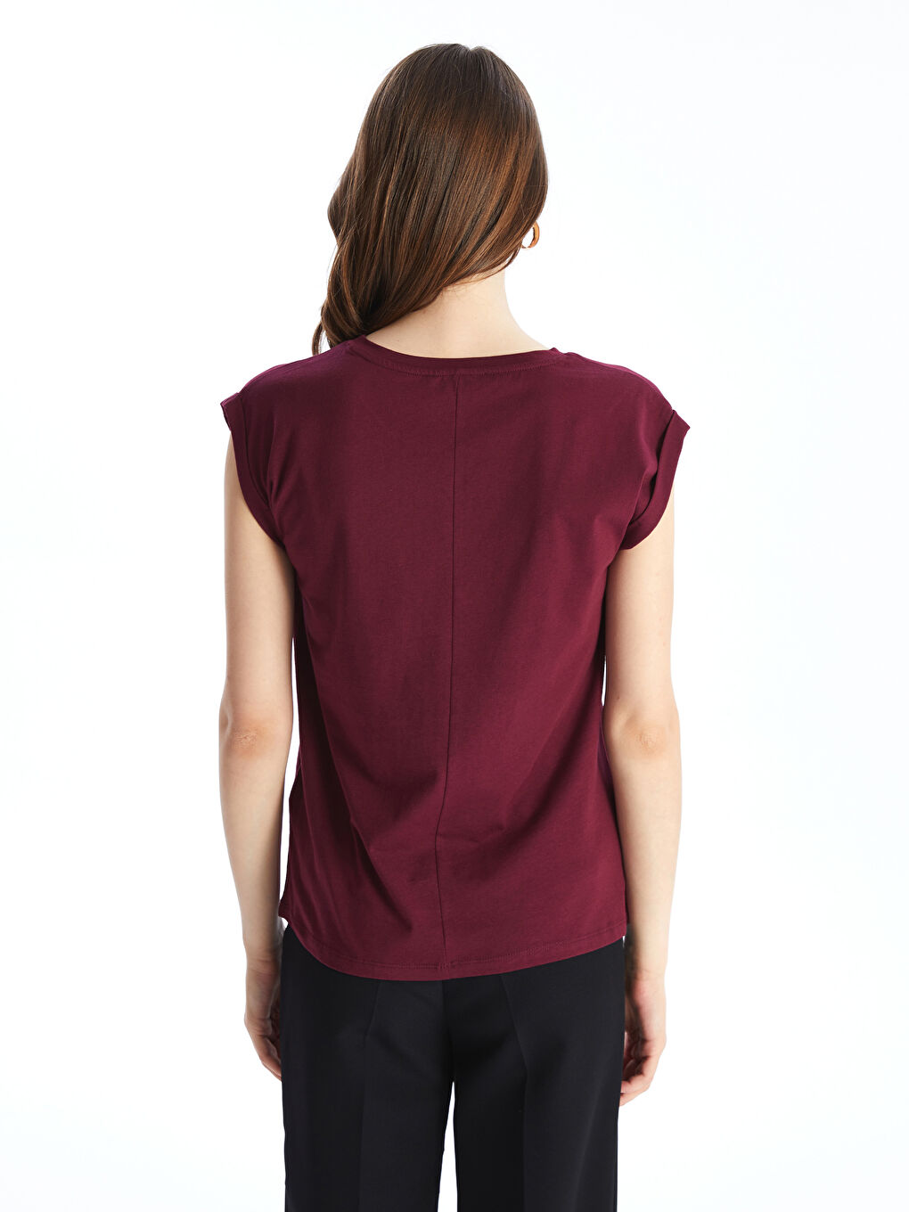 Bordo Bisiklet Yaka Baskılı Kısa Kollu Kadın Tişört-4