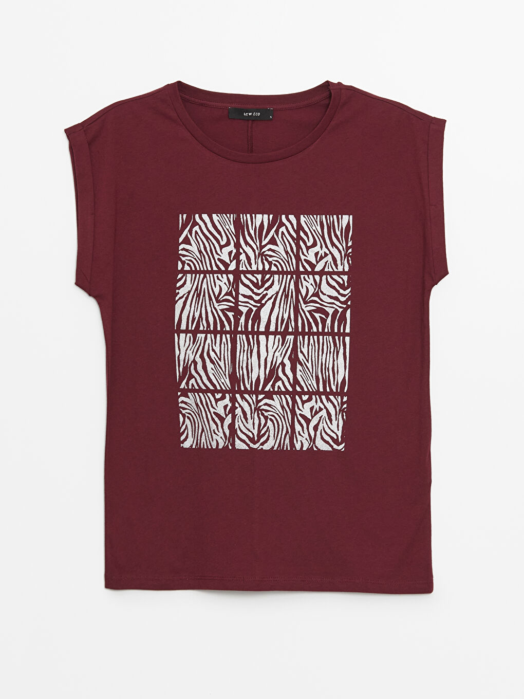 Bordo Bisiklet Yaka Baskılı Kısa Kollu Kadın Tişört-5