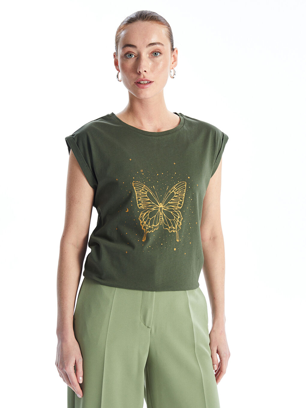 Haki Bisiklet Yaka Baskılı Kısa Kollu Kadın Tişört