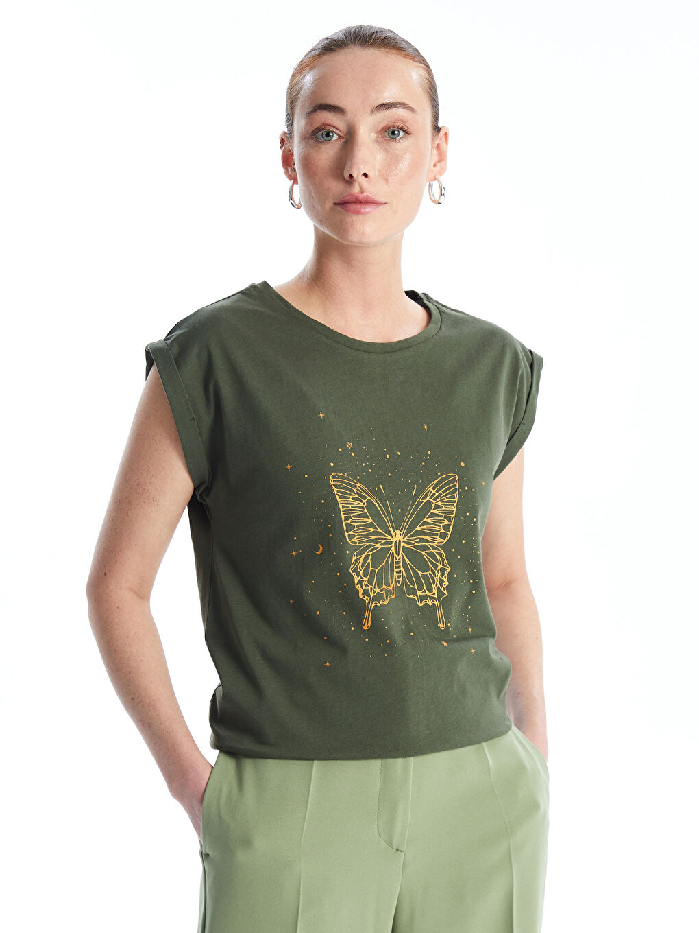 Haki Bisiklet Yaka Baskılı Kısa Kollu Kadın Tişört-1