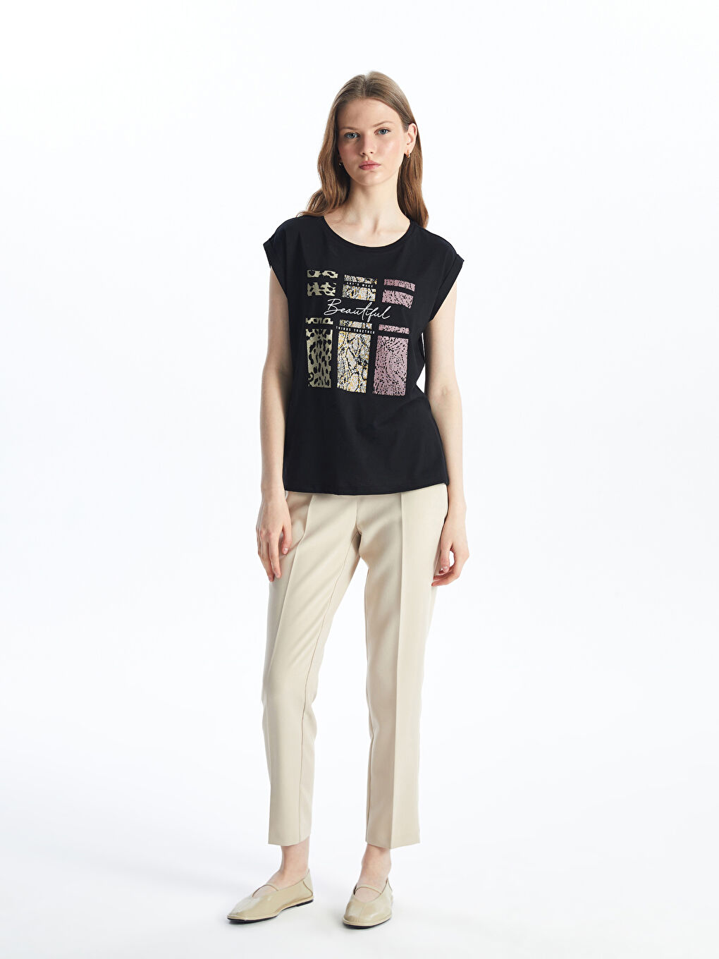 Siyah Bisiklet Yaka Baskılı Kısa Kollu Kadın Tişört-2